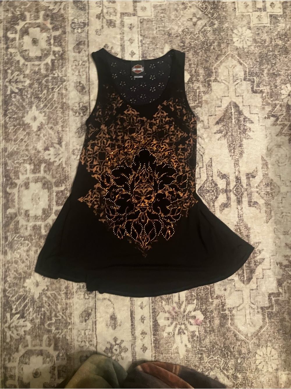 Harley-Davidson Black Tank with Metallic Gold Floral embellished skull